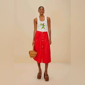 FARM RIO Red Mixed Buttons Euroflax™ Premium Linen Midi Skirt